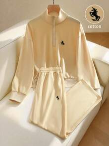 GlowEve CURVE Große Größen 2-teiliges Set, lässig, bequem, Stehkragen, Reißverschluss, vielseitig, einfach, weich, bestickte Loungewear - Aprikosenfarben - Übersicht 1