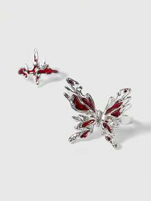 ROMWE 8PCS Asymmetrical Red Crystal Glass Heart Aesthetic Rings For Women Y2K Gothic Animal Spider Ring Creative Grunge Jewelry Accessories Valentines,Mom,Mother,Mother's Day,Gift - 8-piece Ring Set - View 3