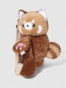 ROMWE Kawaii 可爱派对浣熊毛绒背包，动物造型卡通单肩斜挎包，大容量手机钱包，节日派对个性背包，女士化妆包，时尚校园背包，生日礼物 - 棕色 - 查看 5