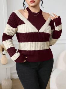Modelyn Plus Size Elegant Colorblock Cable Knit Sweater, Autumn Fall - Burgundy - View 5