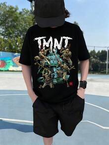 TEENAGE MUTANT NINJA TURTLES | SHEIN Tween Boy Casual Cartoon Print Short Sleeve T-Shirt, Suitable For Summer - Black - View 6