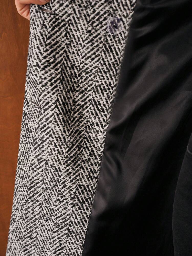 CONTRAST HERRINGBONE DOUBLE BREASTED OVERCOAT