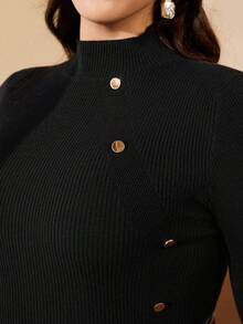 SHEIN Clasi Plus Size Women's Solid Color Stand Collar Button Design Fitted Sweater, Autumn/Winter - Black - View 10