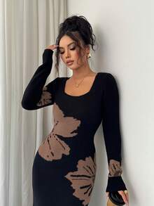 Elenzga Gaun Sweater Bodycon Rajut Jacquard Leher Persegi - Chocolate Brown - View 6