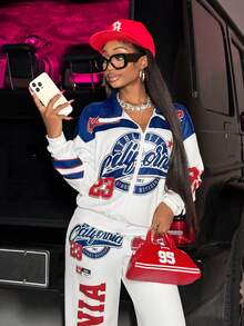 Slaydiva 新款春夏女装返校套装，商务休闲街头风，复古学院风拉链夹克，短款露脐上衣+直筒/阔腿裤套装，复古美式Logo印花，杏色运动套装两件套，女式两件套裤装，女士俱乐部两件套 - 杏色 - 查看 5