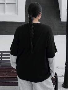 Dazy Plus Áo thun nữ cổ tròn in chữ chắp vá màu sắc thời trang dạo phố rộng rãi, cỡ lớn, mùa xuân/thu - màu đen - Xem 2