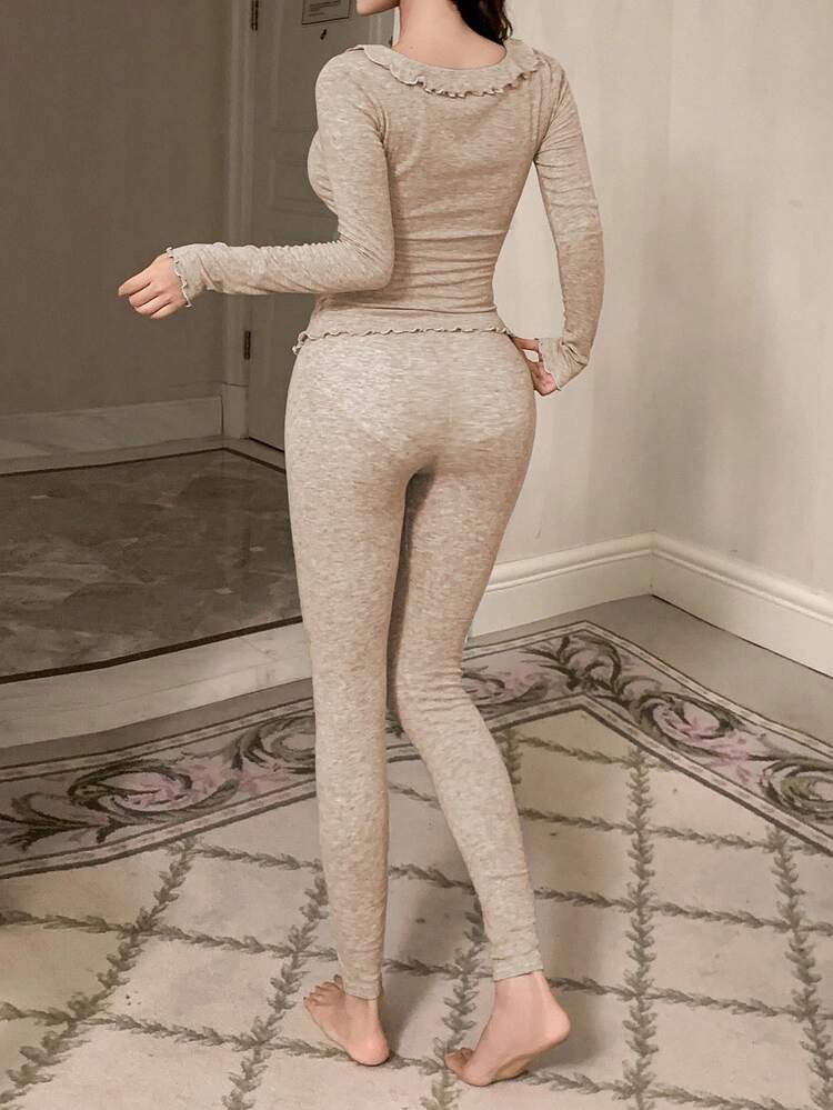 Fitted Knit Ruffle Collar Women Pajama Set, Fall & Winter Clothes
