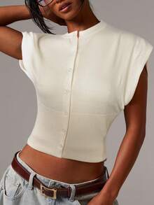 Athîral 女士纯色圆领休闲短款前扣针织毛衣背心秋冬女装