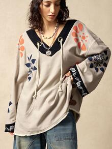 Bohemela 女士休闲宽松复古时尚抽绳喇叭袖上衣 - 杏色 - 查看 5