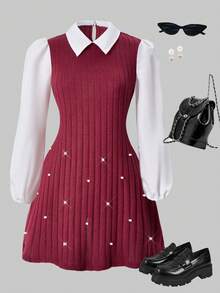 SHEIN ChillGRL Teens' Casual Patchwork Solid Color Long Sleeve Short Dress, Suitable For School, Commuting, Outing, Can Be Paired With Jackets, Coats, Windbreakers