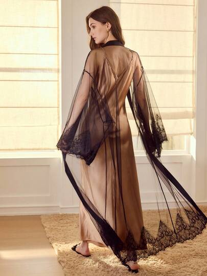 MOTF PREMIUM ELEGANTE CONJUNTO DE PIJAMA CON CAMISÓN CONTRASTE Y BATA DE ENCAJE CONTRASTE