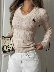 SHEIN EZwear Sweater V-Neck Hitam Ukuran Besar dengan Logo Kasual untuk Musim Gugur/Dingin - Aprikot - View 3
