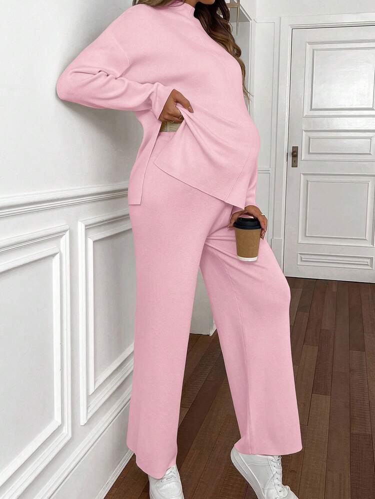 SHEIN Maternity Casual Solid Color Side Slit Sweater And Knit Pants Set, Autumn/Winter - Baby Pink - View 4