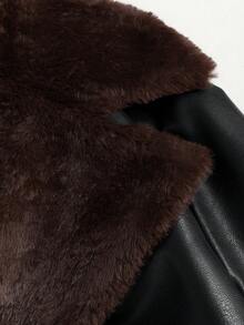 SHEIN Unity 女士时尚街头风拼接仿毛皮尖领系带长款PU皮风衣，秋冬款 - 彩色 - 查看 4