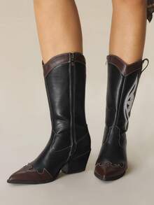 Styleloop Sexy Fashion Contrast Embroidered Pointed Toe Chunky Heel Western Style Side Zipper Over-The-Knee Boots For Women, Suitable For Christmas, Thanksgiving, Party, New Year - Multicolor - View 4