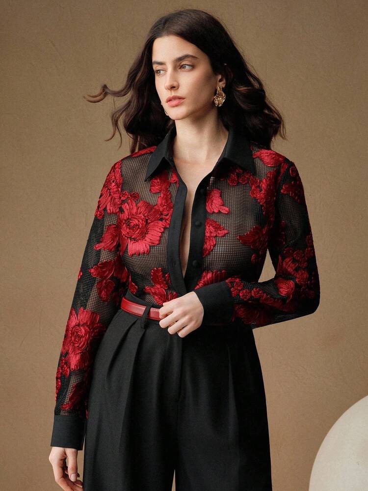 Romantic Elegant Floral Embroidery Semi-Sheer Regular Blouse