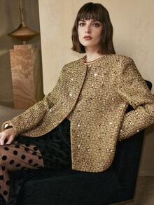 EMERY ROSE 女士亮片金属纱线面料圆领落肩长袖装饰花卉图案休闲外套 - 金色 - 查看 8