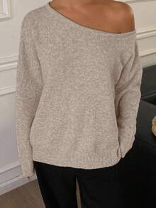 Livesso 秋冬新款宽松休闲不对称肩部设计女式毛衣 - 卡其色 - 查看 4