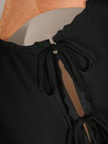 CosyJoli 大码纯色V领蕾丝拼接休闲长袖衬衫 - 黑色 - 查看 6