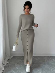 Elenzga Women's Casual Solid Color Sweater And Button-Up Knit Skirt Set, Autumn/Winter - Light Grey - View 3