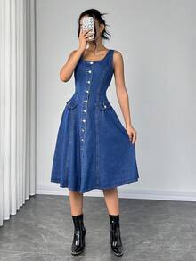 Elenzga 女式休闲牛仔口袋连衣裙 - 藍色 - 查看 4