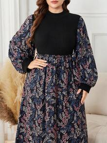 Lacomfia 印花拼接抓绒针织腰部休闲加大码女装连衣裙 - 彩色 - 查看 1