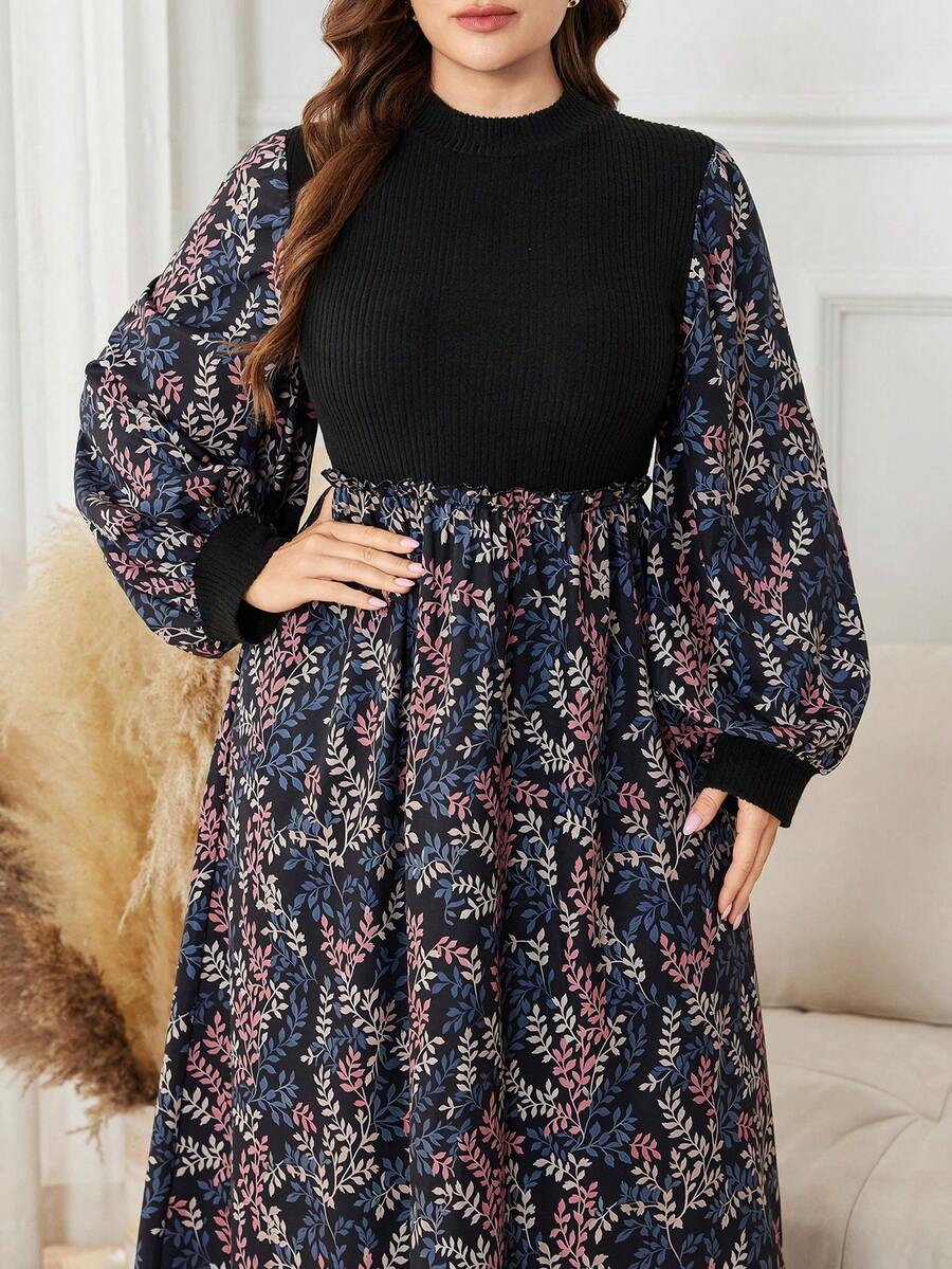 Lacomfia 印花拼接抓绒针织腰部休闲加大码女装连衣裙 - 彩色 - 查看 1