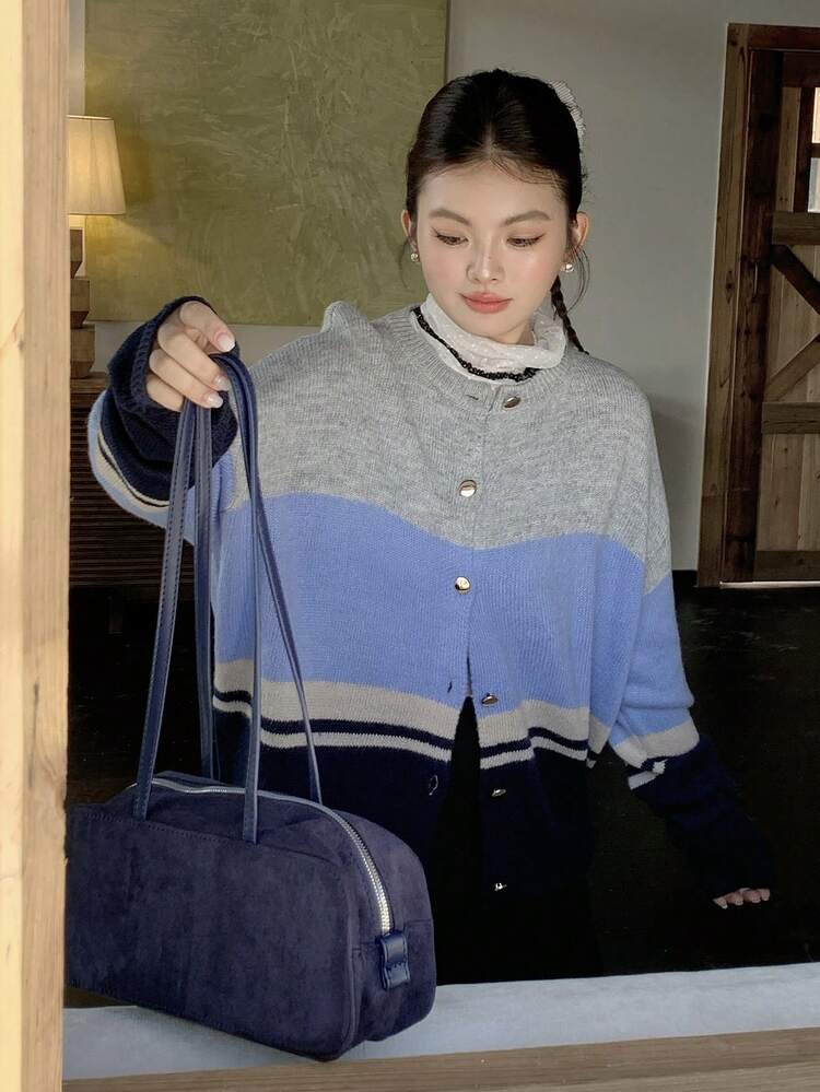 Dazy Plus Contrast Color Patchwork Casual School Style Loose Fit Plus Size Women Knit Cardigan, Autumn/Winter