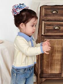 DAZY Sweater Lengan Panjang Berkerah Warna Kontras Kasual untuk Balita Perempuan, Gaya Korea - Aprikot - View 4