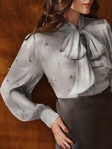Anewsta Blouse femme printemps/été avec nœud papillon et design de faux perles - Argent - Voir 1