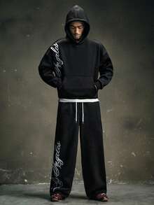 AXEPEAK Men's Autumn And Winter 2 Pieces Sweatshirt Set With English Letters Embroidered Towel And Drawstring Design - Black - View 1