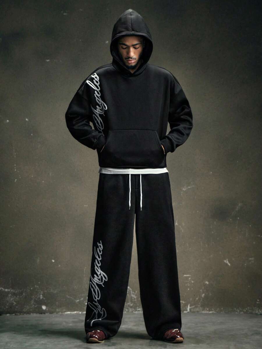 AXEPEAK Men's Autumn And Winter 2 Pieces Sweatshirt Set With English Letters Embroidered Towel And Drawstring Design - Black - View 1