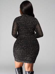 SHEIN PETITE CURVE 加大码豹纹网眼长袖褶饰修身迷你连衣裙，适合女士，茶会礼服，女士毕业礼服 - 棕色 - 查看 2