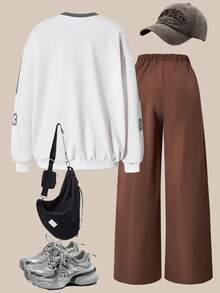 SHEIN ChillGRL 两件套少女V领字母印花连帽卫衣和工装裤休闲套装，适合上学、通勤、外出、散步、购物等场合，可搭配外套、背心。 - 棕色 - 查看 7