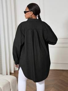 SHEIN Lady 蓝色大码牛仔连衣裙，休闲宽松长袖衬衫裙，舒适休闲 - 黑色 - 查看 2