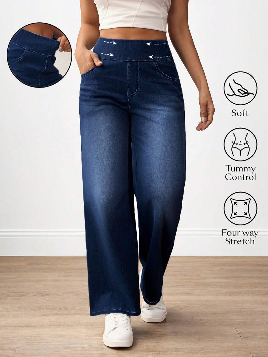 Flexra Quần Jeans Ống Rộng Túi Cạp Cao Cho Nữ Kiểu Dáng Thường Ngày Đa Năng - Rửa tối - Xem 1