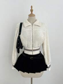 SHEIN Unity 1件女士杏色毛领开衫外套，休闲通勤冬季外套 - 杏色 - 查看 4