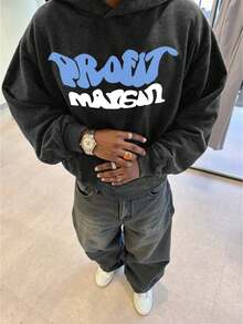 Manfinity EMRG 男士休闲印花卫衣，黑色 - 黑色 - 查看 2