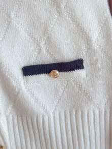 PrepCrw 1pc Tween Girls Elegant Urban Party Versatile Comfortable Warm Black Collar Colorblock Long Sleeve Knit Cardigan, Suitable For Casual Outings, Gatherings, Holidays, Parties, Autumn/Winter