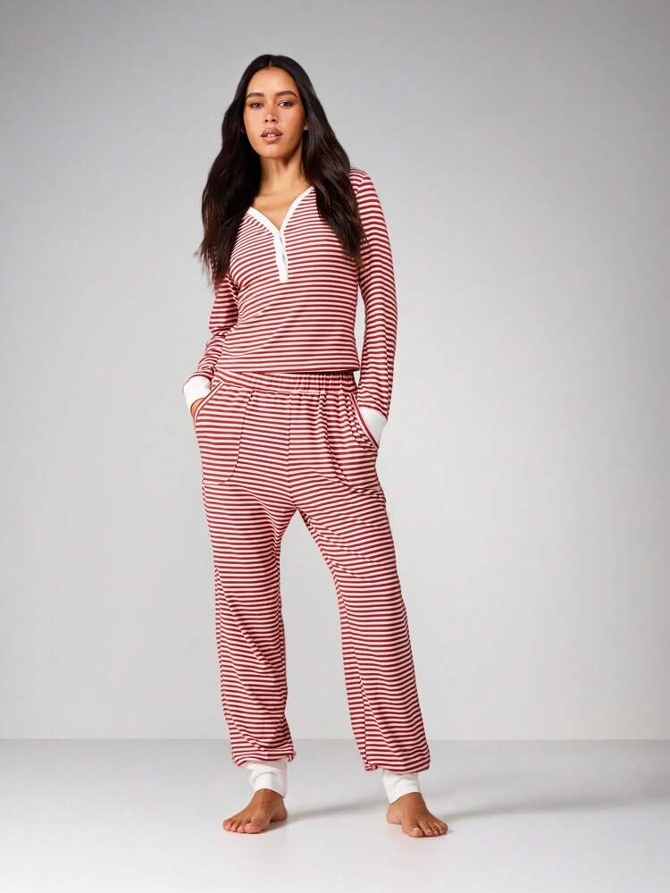 MISSGUIDED Striped Lounge Set Long Sleeve Henley Pajama Drawstring Pants Ribbed Cuffs Cozy Sleepwear