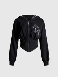 ROMWE Goth 女款 Kpop 复古 Y2K 修身二合一豹纹十字刺绣卫衣 - 黑色 - 查看 5