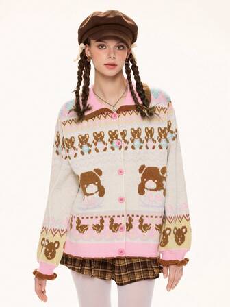 Kawaii Women's Y2K Cute Bear & Duck Jacquard Contrast Color Collared Cardigan Sweater