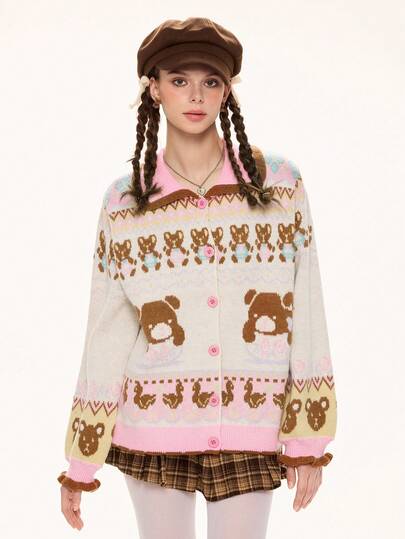 Kawaii Women's Y2K Cute Bear & Duck Jacquard Contrast Color Collared Cardigan Sweater
