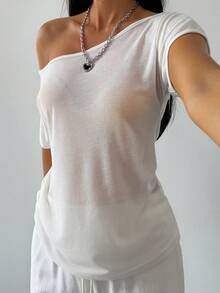 DAZY Women's Sexy Casual Asymmetric-Shoulder Short Sleeve Sheer Top, Summer Vacation - White - View 4