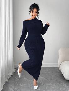 Elenzga Vestito maglia oversize a maniche lunghe da donna, abito casual in maglia a spalle scoperte, abito autunnale/invernale per taglie forti - Blu Navy - Visualizzare 5