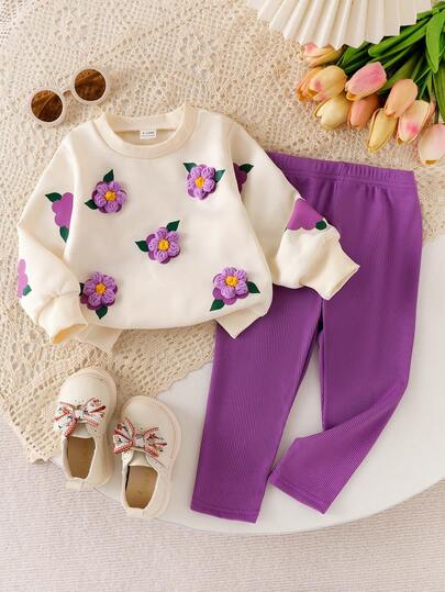 SHEIN Playful Pals Zestaw bluz dla dziewczynek, swobodny, uroczy sweter, bluza z nadrukiem kwiatowym 3D na szydełku i legginsy, jesień