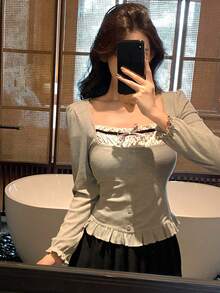 DAZY 女士休闲撞色蝴蝶结短袖T恤 长袖女款 - 灰色 - 查看 4