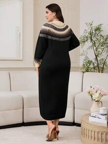 Modelyn Plus Size Casual Geometric Pattern Knit Dress, Autumn/Winter - Black - View 2