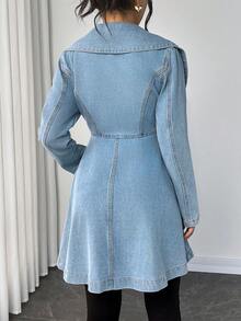 Elenzga Women's Light Blue Long Sleeve Ruffle Hem Fitted Denim Jacket - Blue - View 4