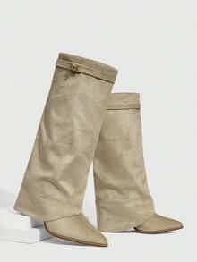 Daringsoles 女式尖头粗跟绒面西部流苏靴，修身高筒靴 - 米色 - 查看 7